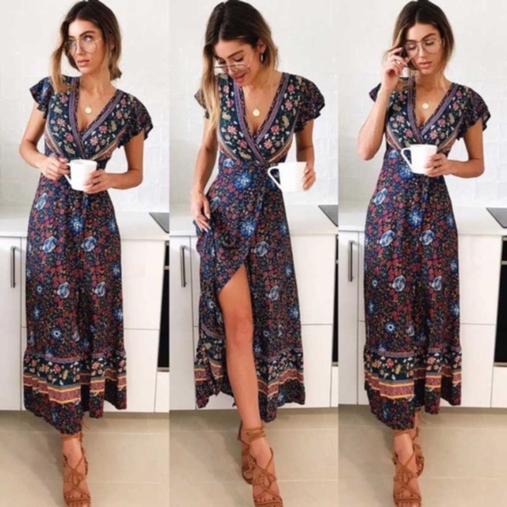 Boho Gypsy Navy Floral Print wrap midi Dress - Picture 3 of 9